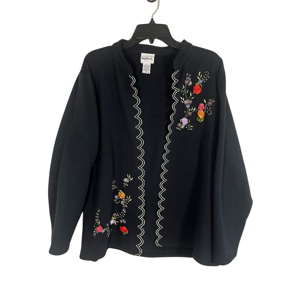 Retro Floral Colorful Embroidery Cardigan Black M‎ Scalloped Cottage Boho Preppy